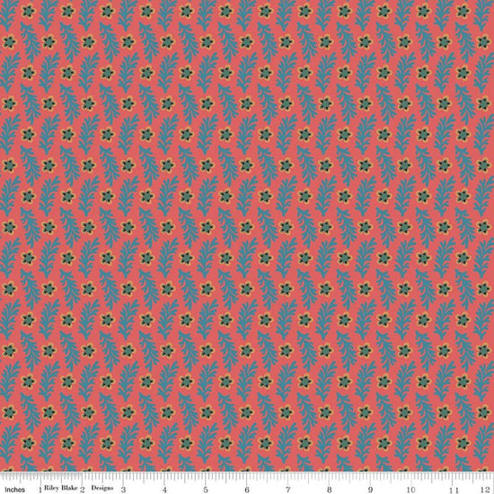 Image of Northanger Abbey Sarah quilting cotton fabric by Official Licensed Product for Riley Blake Designs. Features flowers on an orange background. Cute Little Fabric Shop.