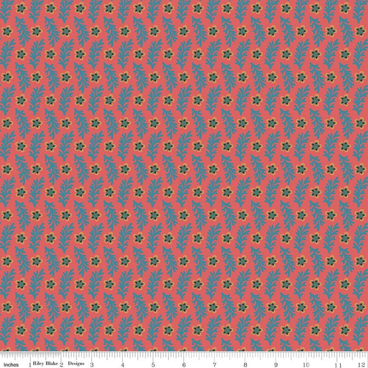 Image of Northanger Abbey Sarah quilting cotton fabric by Official Licensed Product for Riley Blake Designs. Features flowers on an orange background. Cute Little Fabric Shop.