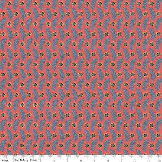 Image of Northanger Abbey Sarah quilting cotton fabric by Official Licensed Product for Riley Blake Designs. Features flowers on an orange background. Cute Little Fabric Shop.