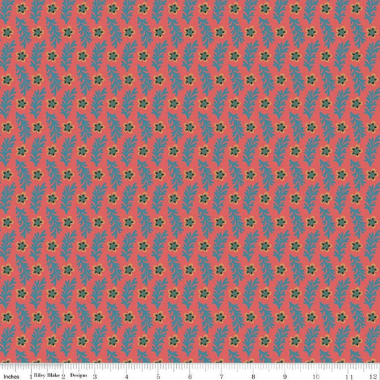 Image of Northanger Abbey Sarah quilting cotton fabric by Official Licensed Product for Riley Blake Designs. Features flowers on an orange background. Cute Little Fabric Shop.
