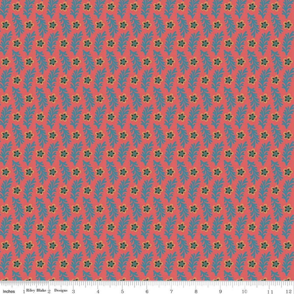 Image of Northanger Abbey Sarah quilting cotton fabric by Official Licensed Product for Riley Blake Designs. Features flowers on an orange background. Cute Little Fabric Shop.