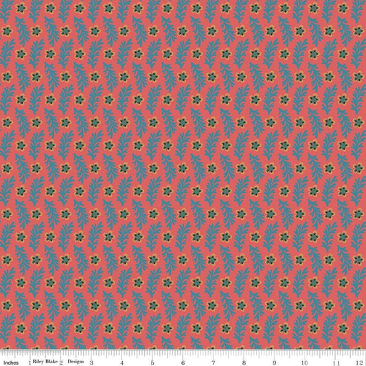Image of Northanger Abbey Sarah quilting cotton fabric by Official Licensed Product for Riley Blake Designs. Features flowers on an orange background. Cute Little Fabric Shop.