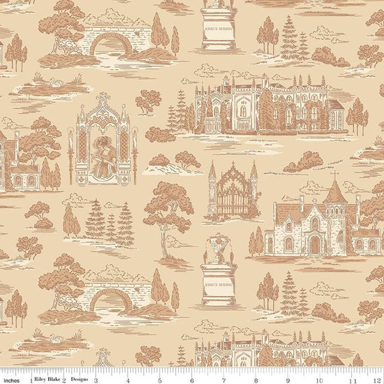 Image of Northanger Abbey Abbey Vanilla quilting cotton fabric by Official Licensed Product for Riley Blake Designs. Features buildings on a beige background. Cute Little Fabric Shop.
