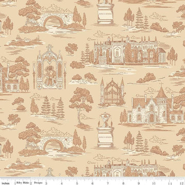 Image of Northanger Abbey Abbey Vanilla quilting cotton fabric by Official Licensed Product for Riley Blake Designs. Features buildings on a beige background. Cute Little Fabric Shop.