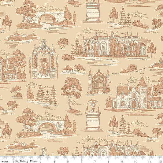 Image of Northanger Abbey Abbey Vanilla quilting cotton fabric by Official Licensed Product for Riley Blake Designs. Features buildings on a beige background. Cute Little Fabric Shop.