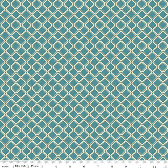 Image of Northanger Abbey Tilney Azure quilting cotton fabric by Official Licensed Product for Riley Blake Designs. Features checks on a blue background. Cute Little Fabric Shop.
