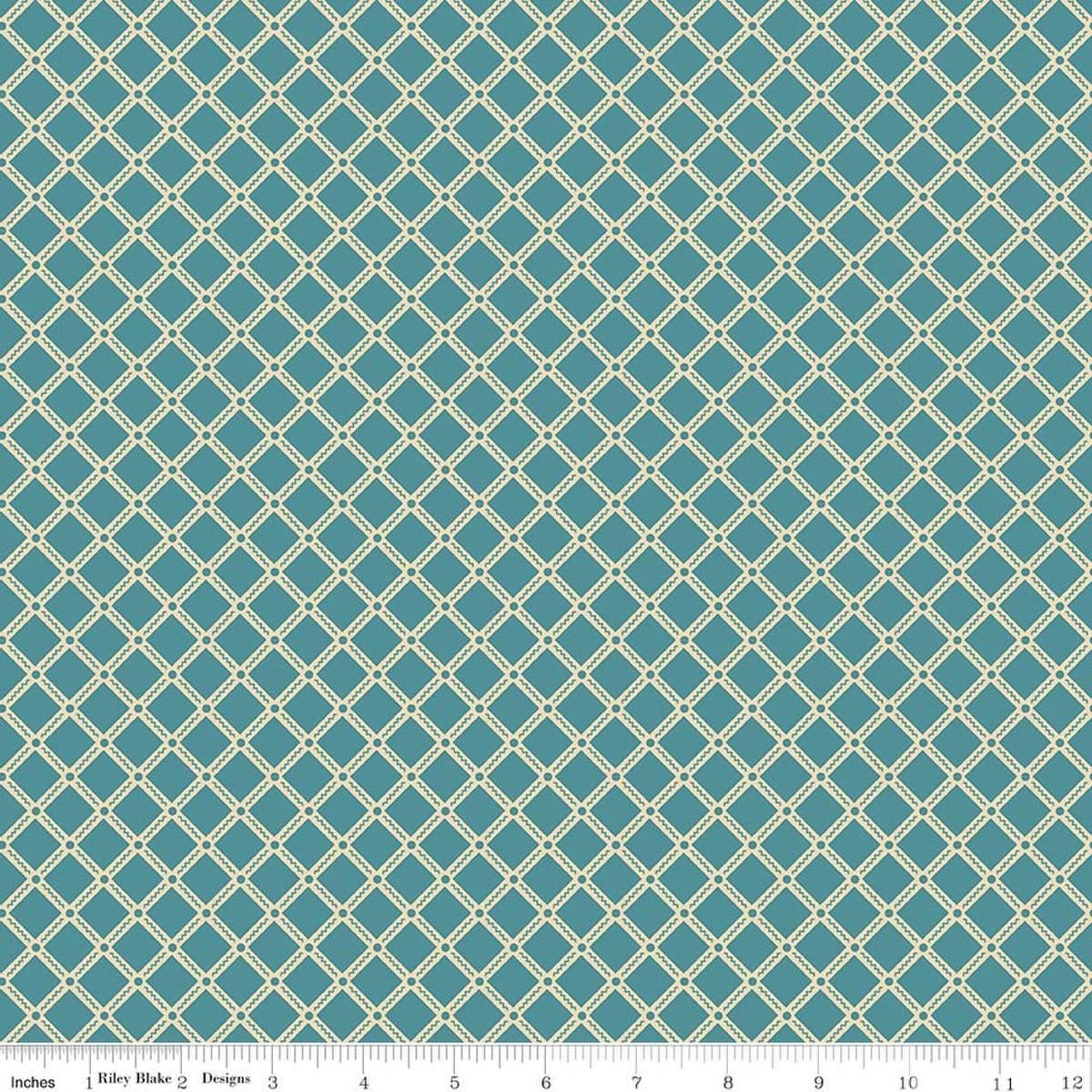 Image of Northanger Abbey Tilney Azure quilting cotton fabric by Official Licensed Product for Riley Blake Designs. Features checks on a blue background. Cute Little Fabric Shop.