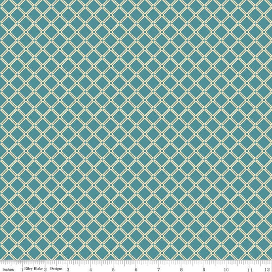 Image of Northanger Abbey Tilney Azure quilting cotton fabric by Official Licensed Product for Riley Blake Designs. Features checks on a blue background. Cute Little Fabric Shop.
