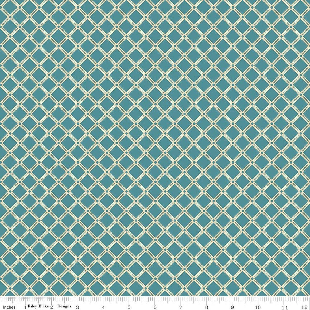 Image of Northanger Abbey Tilney Azure quilting cotton fabric by Official Licensed Product for Riley Blake Designs. Features checks on a blue background. Cute Little Fabric Shop.