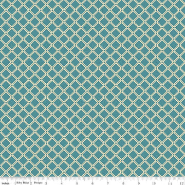 Image of Northanger Abbey Tilney Azure quilting cotton fabric by Official Licensed Product for Riley Blake Designs. Features checks on a blue background. Cute Little Fabric Shop.