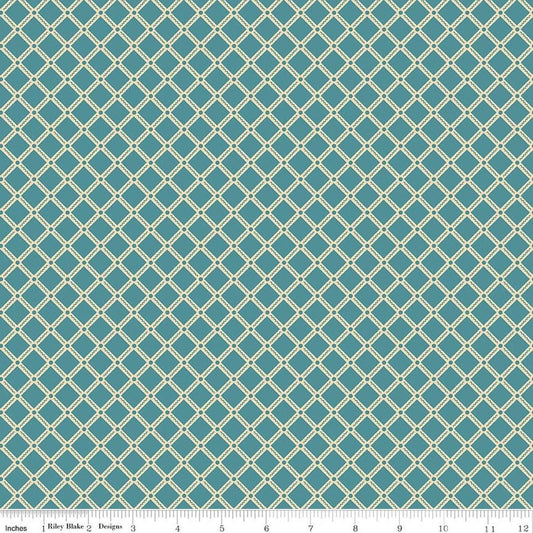 Image of Northanger Abbey Tilney Azure quilting cotton fabric by Official Licensed Product for Riley Blake Designs. Features checks on a blue background. Cute Little Fabric Shop.