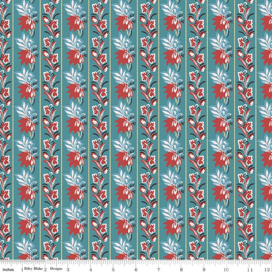 Image of Northanger Abbey Mrs. Allen quilting cotton fabric by Official Licensed Product for Riley Blake Designs. Features flowers on a blue background. Cute Little Fabric Shop.