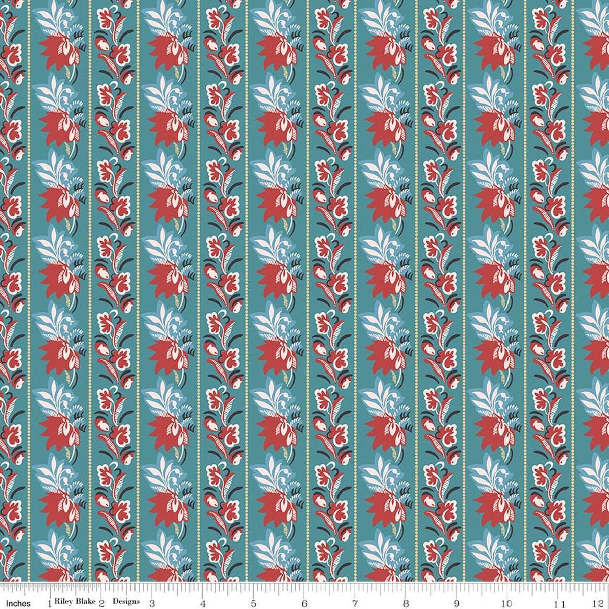 Image of Northanger Abbey Mrs. Allen quilting cotton fabric by Official Licensed Product for Riley Blake Designs. Features flowers on a blue background. Cute Little Fabric Shop.