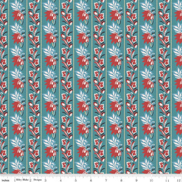 Image of Northanger Abbey Mrs. Allen quilting cotton fabric by Official Licensed Product for Riley Blake Designs. Features flowers on a blue background. Cute Little Fabric Shop.