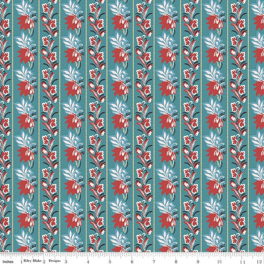 Image of Northanger Abbey Mrs. Allen quilting cotton fabric by Official Licensed Product for Riley Blake Designs. Features flowers on a blue background. Cute Little Fabric Shop.