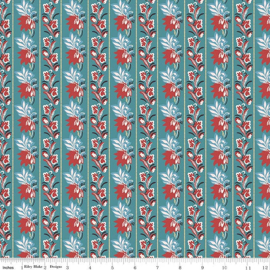 Image of Northanger Abbey Mrs. Allen quilting cotton fabric by Official Licensed Product for Riley Blake Designs. Features flowers on a blue background. Cute Little Fabric Shop.