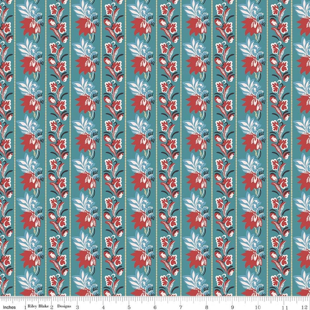 Image of Northanger Abbey Mrs. Allen quilting cotton fabric by Official Licensed Product for Riley Blake Designs. Features flowers on a blue background. Cute Little Fabric Shop.