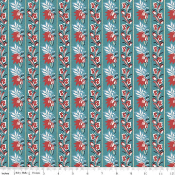 Image of Northanger Abbey Mrs. Allen quilting cotton fabric by Official Licensed Product for Riley Blake Designs. Features flowers on a blue background. Cute Little Fabric Shop.