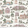 Image of Northanger Abbey Abbey Cloud quilting cotton fabric by Official Licensed Product for Riley Blake Designs. Features buildings on a white background. Cute Little Fabric Shop.