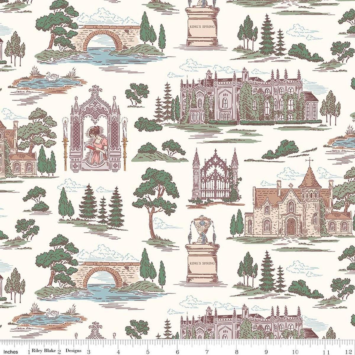 Image of Northanger Abbey Abbey Cloud quilting cotton fabric by Official Licensed Product for Riley Blake Designs. Features buildings on a white background. Cute Little Fabric Shop.
