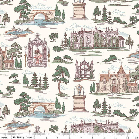 Image of Northanger Abbey Abbey Cloud quilting cotton fabric by Official Licensed Product for Riley Blake Designs. Features buildings on a white background. Cute Little Fabric Shop.