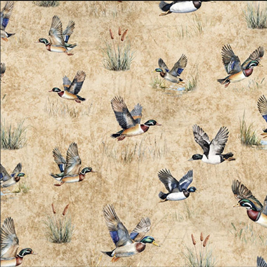 MINKY Forest, Field, & Stream Ducks Tan Cream Bird Fabric 60" Wide - 31409 - QT Fabrics 100% Polyester Fabric
