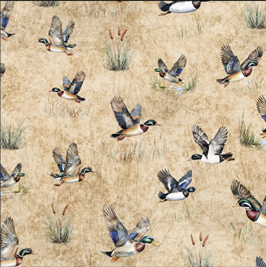 MINKY Forest, Field, & Stream Ducks Tan Cream Bird Fabric 60" Wide - 31409 - QT Fabrics 100% Polyester Fabric
