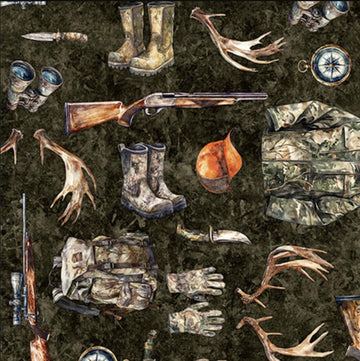 MINKY Forest, Field, & Stream Hunting Equipment Dark Brown Outdoor Fabric 60" Wide - 31410 - QT Fabrics 100% Polyester Fabric