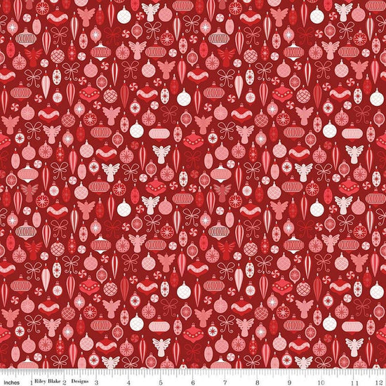 Image of Nutcracker Tradition Adorn the Tree Berry quilting cotton fabric by Jennifer Long for Riley Blake Designs. Features ornaments on a red background. Cute Little Fabric Shop.