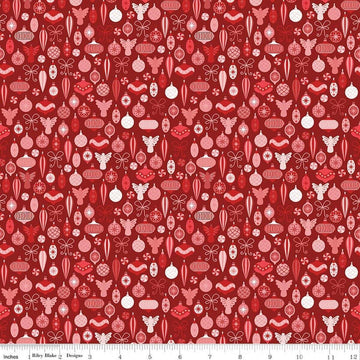 Image of Nutcracker Tradition Adorn the Tree Berry quilting cotton fabric by Jennifer Long for Riley Blake Designs. Features ornaments on a red background. Cute Little Fabric Shop.