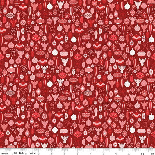 Image of Nutcracker Tradition Adorn the Tree Berry quilting cotton fabric by Jennifer Long for Riley Blake Designs. Features ornaments on a red background. Cute Little Fabric Shop.