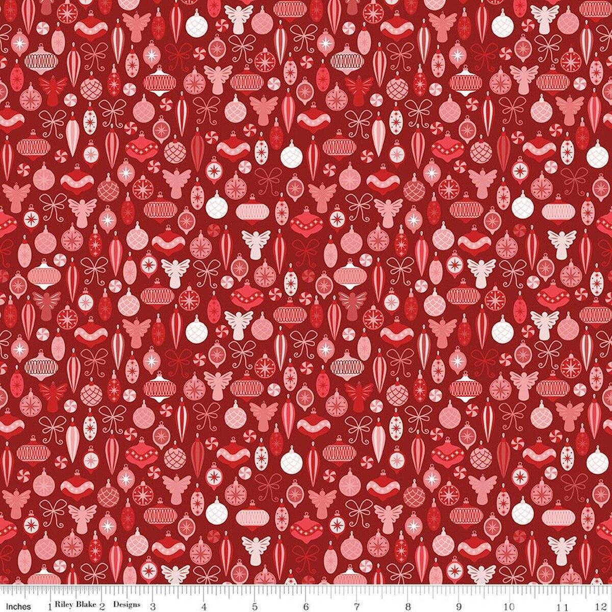 Image of Nutcracker Tradition Adorn the Tree Berry quilting cotton fabric by Jennifer Long for Riley Blake Designs. Features ornaments on a red background. Cute Little Fabric Shop.