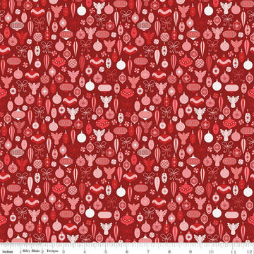 Image of Nutcracker Tradition Adorn the Tree Berry quilting cotton fabric by Jennifer Long for Riley Blake Designs. Features ornaments on a red background. Cute Little Fabric Shop.