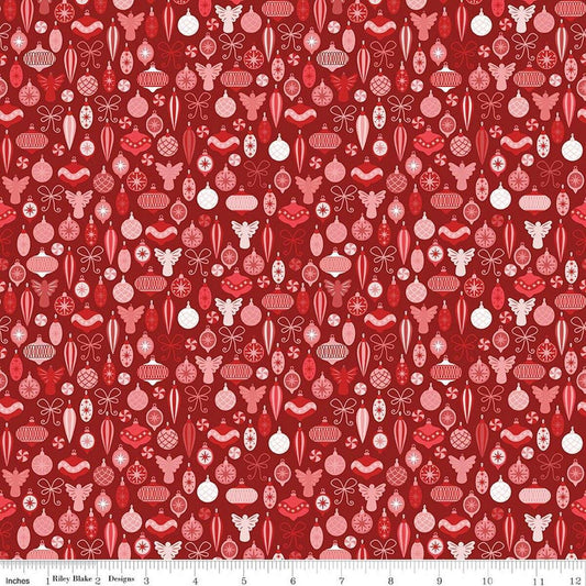 Image of Nutcracker Tradition Adorn the Tree Berry quilting cotton fabric by Jennifer Long for Riley Blake Designs. Features ornaments on a red background. Cute Little Fabric Shop.