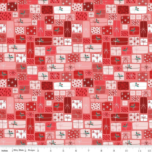 Image of Nutcracker Tradition Gifts of Giving Berry quilting cotton fabric by Jennifer Long for Riley Blake Designs. Features presents on a red background. Cute Little Fabric Shop.