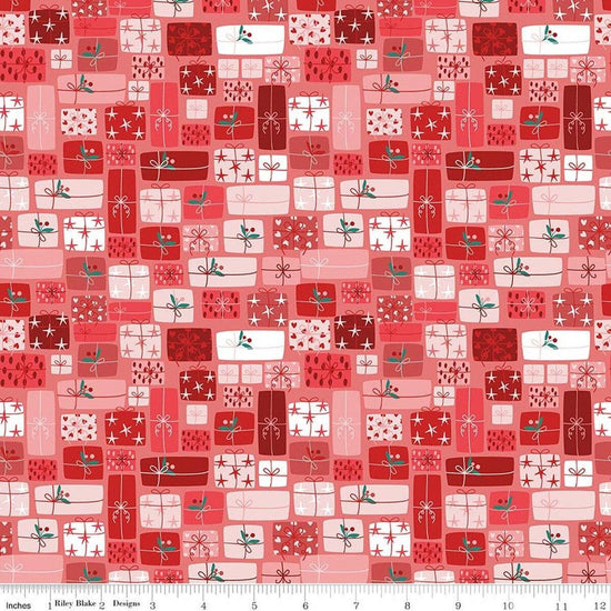 Image of Nutcracker Tradition Gifts of Giving Berry quilting cotton fabric by Jennifer Long for Riley Blake Designs. Features presents on a red background. Cute Little Fabric Shop.