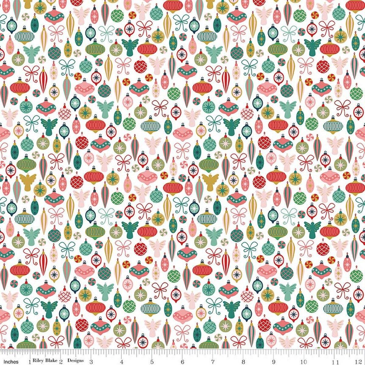 Image of Nutcracker Tradition Adorn the Tree Snow quilting cotton fabric by Jennifer Long for Riley Blake Designs. Features ornaments on a white background. Cute Little Fabric Shop.