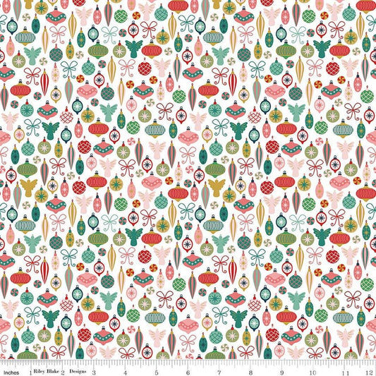 Image of Nutcracker Tradition Adorn the Tree Snow quilting cotton fabric by Jennifer Long for Riley Blake Designs. Features ornaments on a white background. Cute Little Fabric Shop.