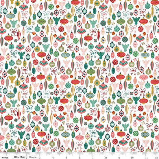 Image of Nutcracker Tradition Adorn the Tree Snow quilting cotton fabric by Jennifer Long for Riley Blake Designs. Features ornaments on a white background. Cute Little Fabric Shop.