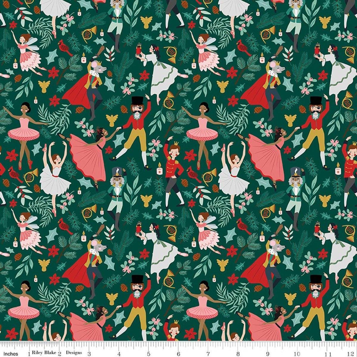 Image of Nutcracker Tradition Storybook Pine quilting cotton fabric by Jennifer Long for Riley Blake Designs. Features leaves on a green background. Cute Little Fabric Shop.