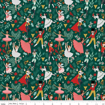 Image of Nutcracker Tradition Storybook Pine quilting cotton fabric by Jennifer Long for Riley Blake Designs. Features leaves on a green background. Cute Little Fabric Shop.