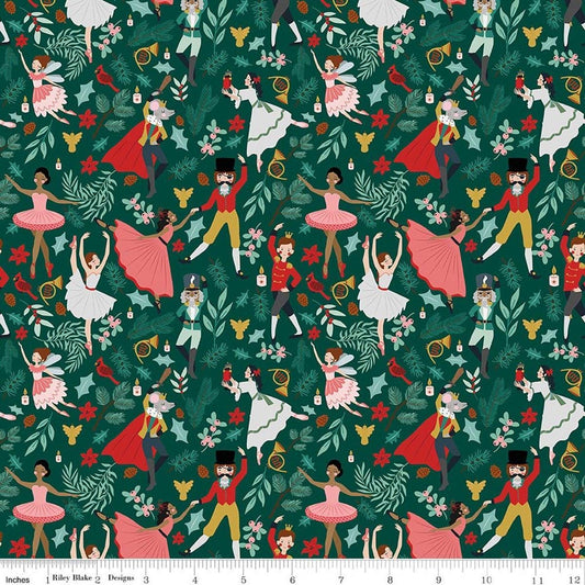 Image of Nutcracker Tradition Storybook Pine quilting cotton fabric by Jennifer Long for Riley Blake Designs. Features leaves on a green background. Cute Little Fabric Shop.