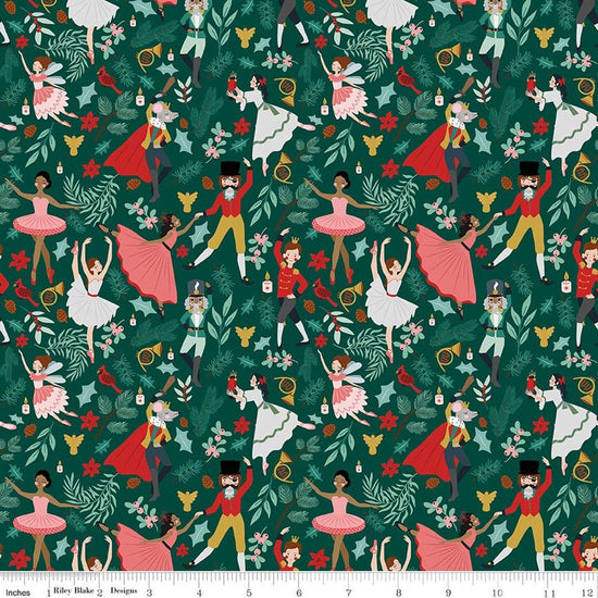 Image of Nutcracker Tradition Storybook Pine quilting cotton fabric by Jennifer Long for Riley Blake Designs. Features leaves on a green background. Cute Little Fabric Shop.