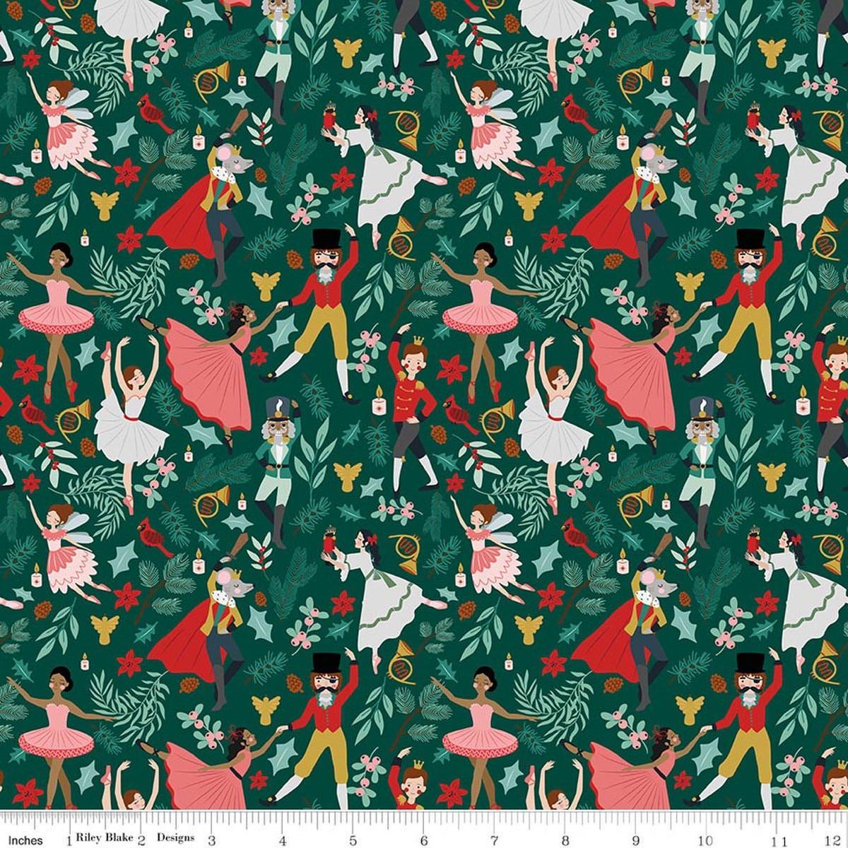 Image of Nutcracker Tradition Storybook Pine quilting cotton fabric by Jennifer Long for Riley Blake Designs. Features leaves on a green background. Cute Little Fabric Shop.