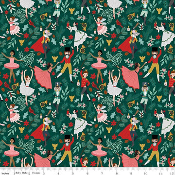 Image of Nutcracker Tradition Storybook Pine quilting cotton fabric by Jennifer Long for Riley Blake Designs. Features leaves on a green background. Cute Little Fabric Shop.