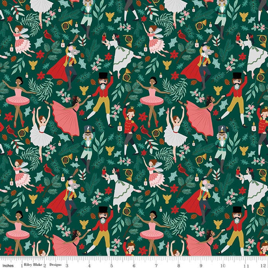 Image of Nutcracker Tradition Storybook Pine quilting cotton fabric by Jennifer Long for Riley Blake Designs. Features leaves on a green background. Cute Little Fabric Shop.