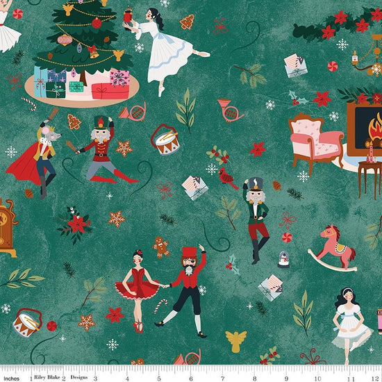 Image of Nutcracker Tradition Main Pine quilting cotton fabric by Jennifer Long for Riley Blake Designs. Features nutcracker scenes on a green background. Cute Little Fabric Shop.