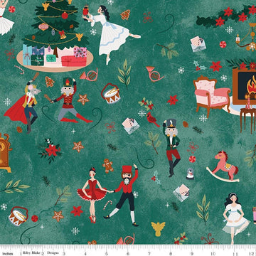 Image of Nutcracker Tradition Main Pine quilting cotton fabric by Jennifer Long for Riley Blake Designs. Features nutcracker scenes on a green background. Cute Little Fabric Shop.