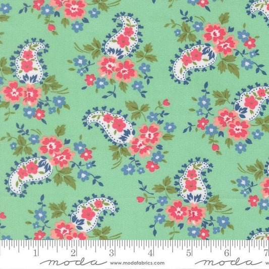 Image of A Cat Named Stitch Paisley Green quilting cotton fabric by Camille Roskelley for Riley Blake Designs. Features paisley and flowers on a green background. Cute Little Fabric Shop.