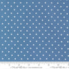 Image of A Cat Named Stitch Cosmo Blue quilting cotton fabric by Camille Roskelley for Riley Blake Designs. Features polka dot square on a blue background. Cute Little Fabric Shop.